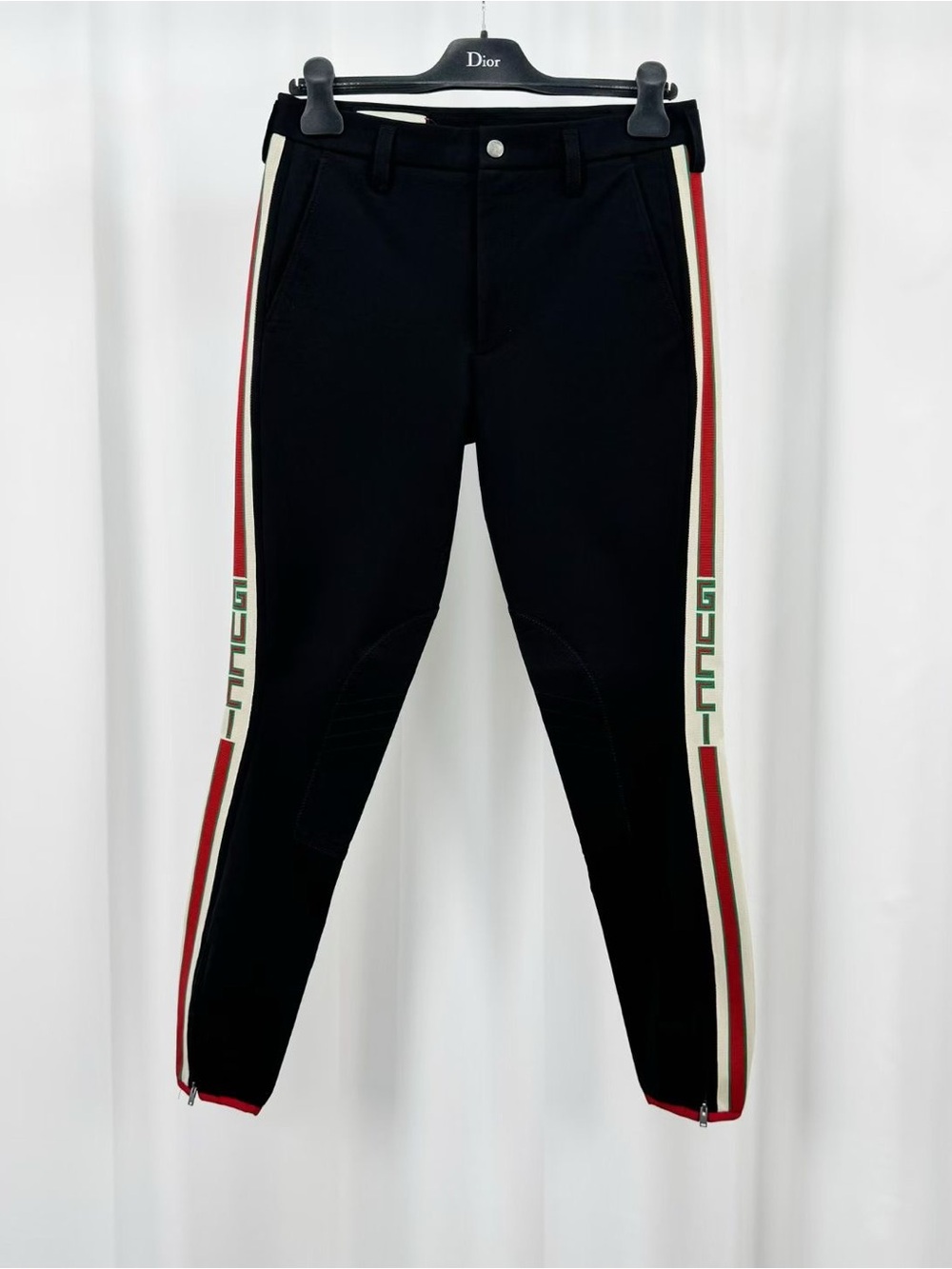 Gucci Black Men's Track Pants with Red, Green & Cream Side Stripes
